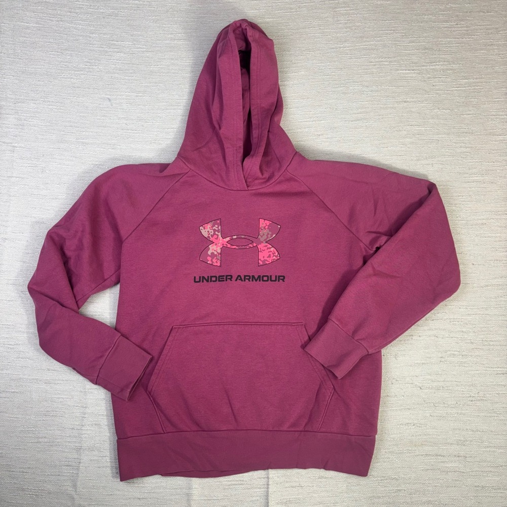 Under Armour Girls YXL Pink Camo Logo Rival Fleece Pullover Hoodie Berry